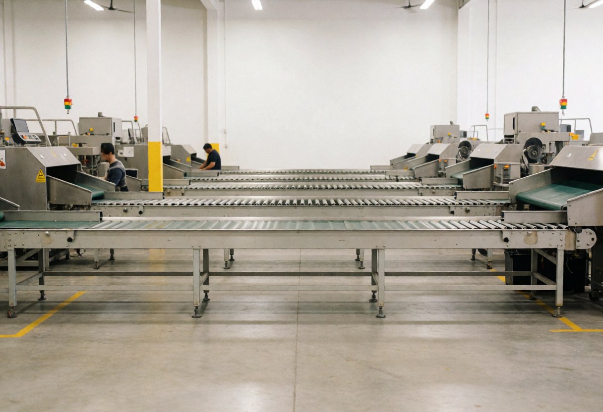 Workers sorting packages on conveyor belts in a clean, functional industrial logistics facility with heavy machinery and concrete floors.