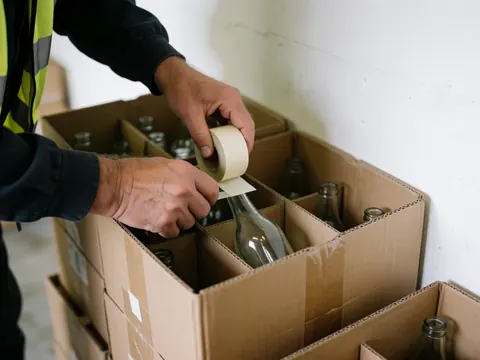 A worker's hand secures a cardboard box containing glass bottles with packing tape in a warehouse setting. Safety gear is visible in the background.