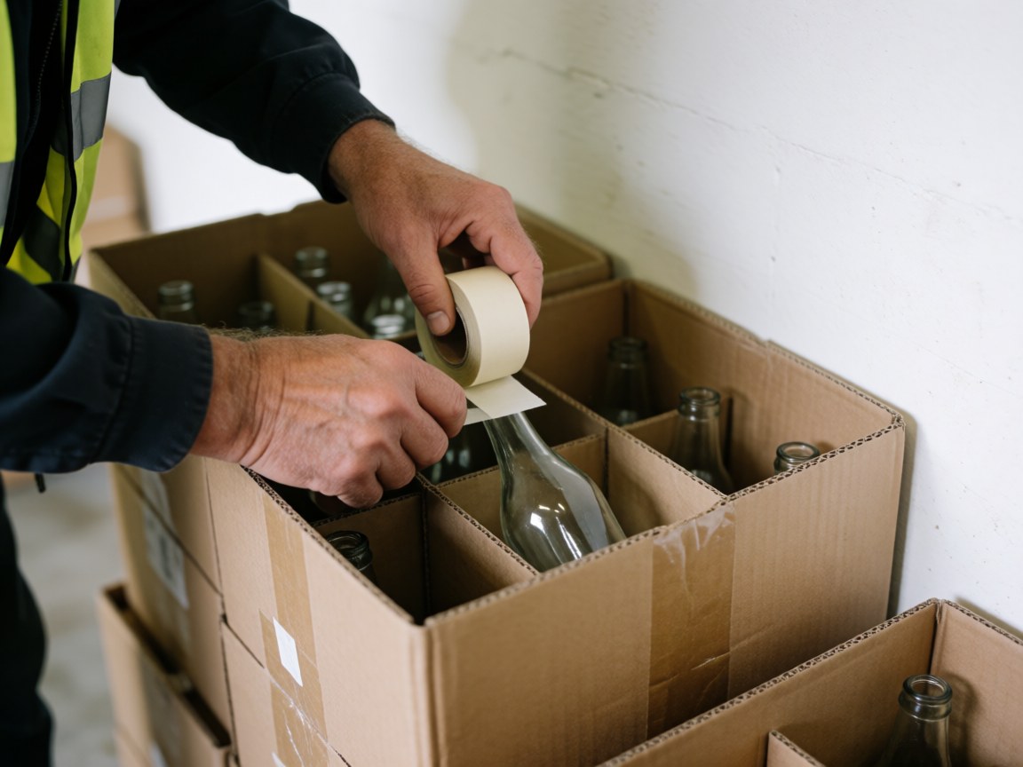 A worker's hand secures a cardboard box containing glass bottles with packing tape in a warehouse setting. Safety gear is visible in the background.