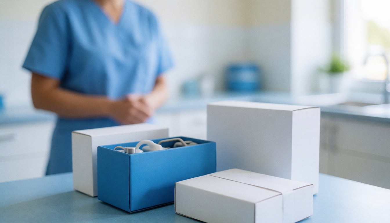 Sterile veterinary medical instruments arranged in blue and white boxes on a clean clinical background with copy space for text