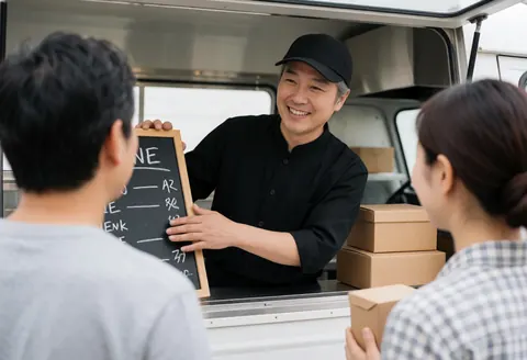 A smiling food truck employee in uniform explains the menu to a customer while holding a box of chocolate cake.