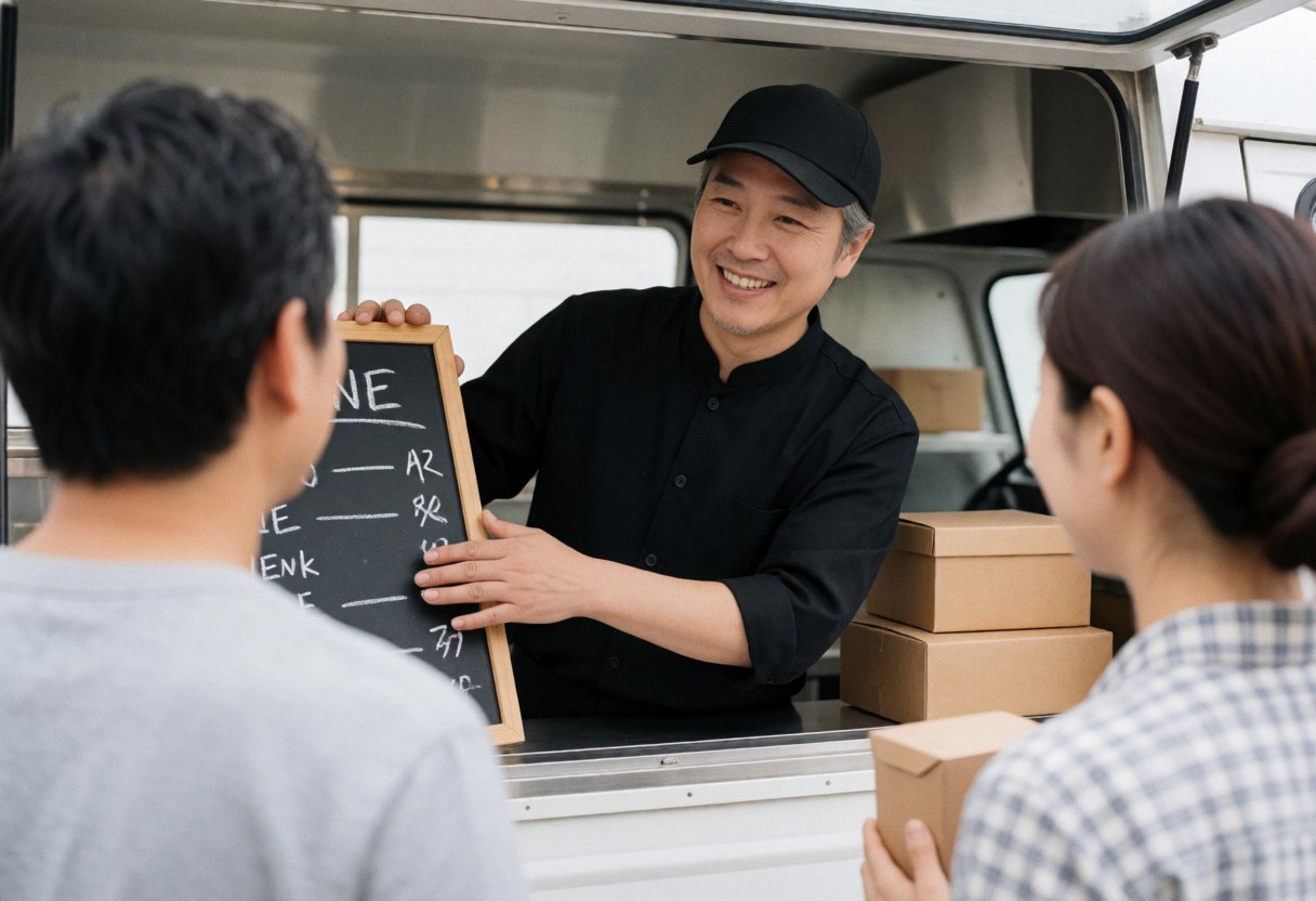 A smiling food truck employee in uniform explains the menu to a customer while holding a box of chocolate cake.