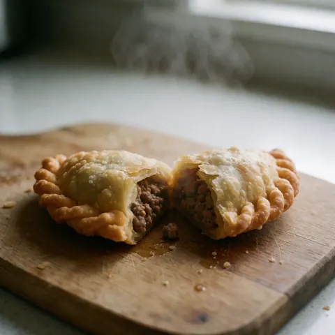A close-up of a freshly baked golden brown empanada with a flaky crust, filled with savory meat, resting on a rustic wooden cutting board with soft natural lighting.