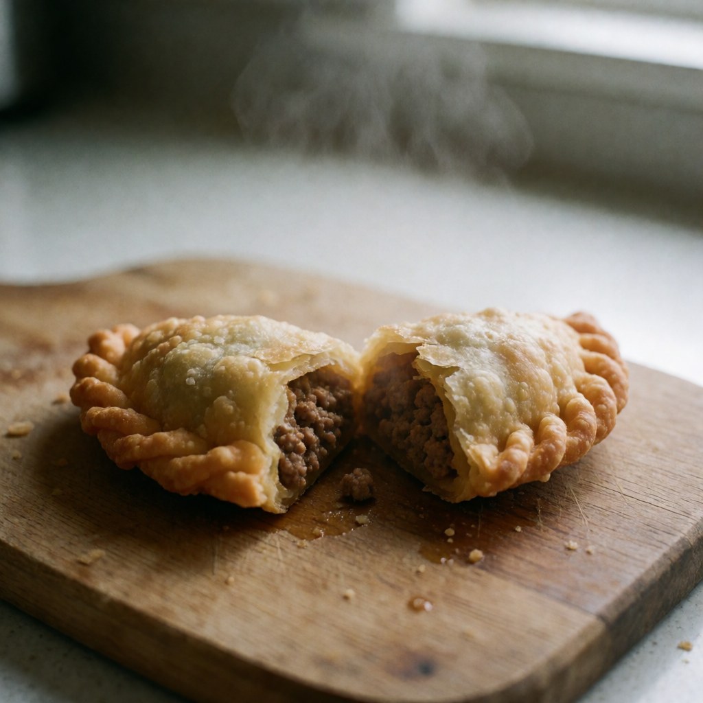 A close-up of a freshly baked golden brown empanada with a flaky crust, filled with savory meat, resting on a rustic wooden cutting board with soft natural lighting.