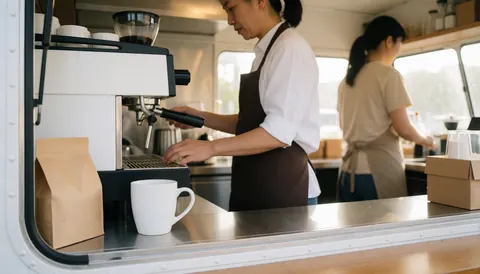A clean morning coffee station setup inside a food truck featuring a coffee machine, mugs, and paper supplies ready for service