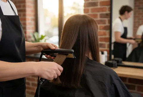 A hairdresser in a black apron straightens a client's long brown hair using a flat iron in a salon with brick walls and warm lighting.