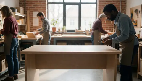 A wooden artisan workbench in a bright workshop with tools and hands working