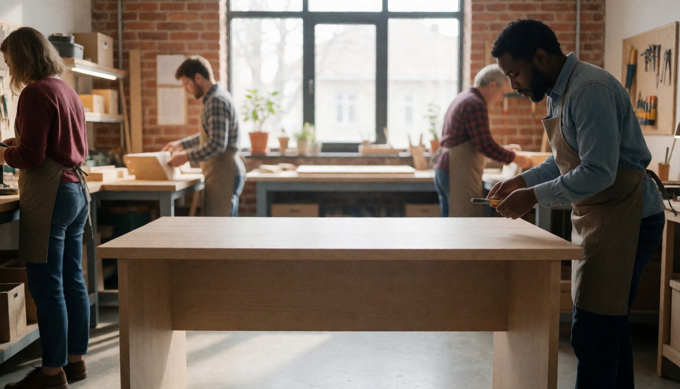 A wooden artisan workbench in a bright workshop with tools and hands working
