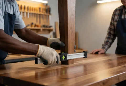 Craftsman wearing gloves levels a wooden table leg in a workshop with tools in the background and warm lighting against a gray wall.