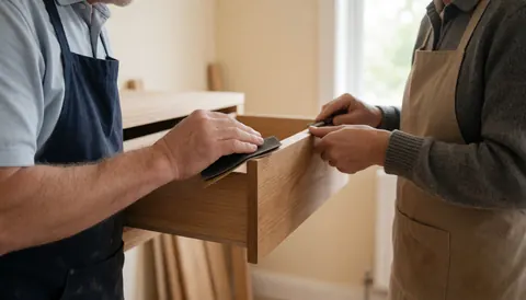 Two craftsmen working together on a wooden piece of furniture, one using a sander and the other a hand saw in a well-lit workshop with beige walls