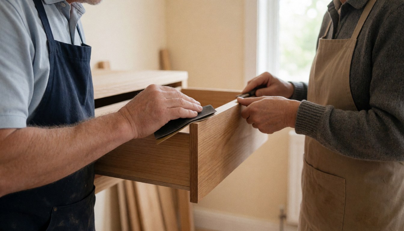 Two craftsmen working together on a wooden piece of furniture, one using a sander and the other a hand saw in a well-lit workshop with beige walls