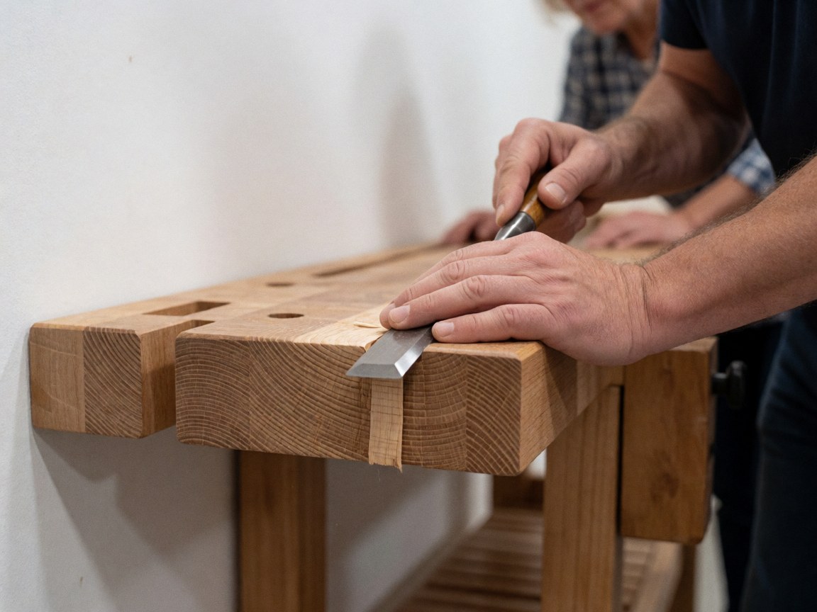 Close-up of artisan hands using a woodworking knife on a wooden board, highlighting grain texture and cut details in a workshop.