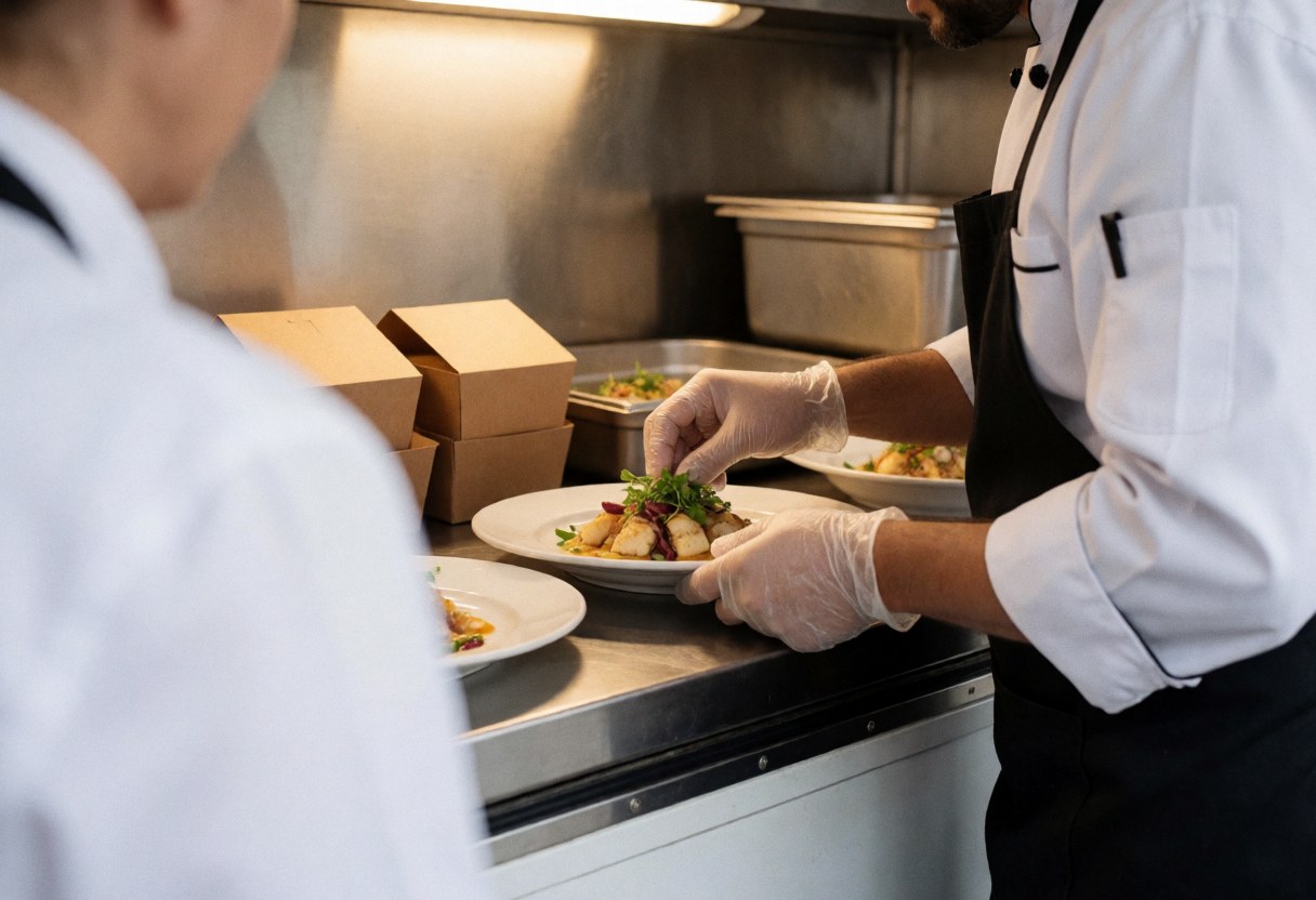 A chef wearing gloves carefully plates a dish using a spoon and knife in a clean food truck kitchen
