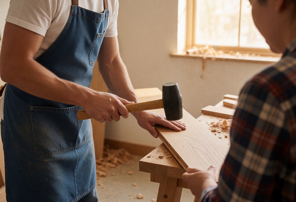 Carpenter in blue apron hammering a light wood board in a workshop with shavings and natural light while another person watches from the right side.