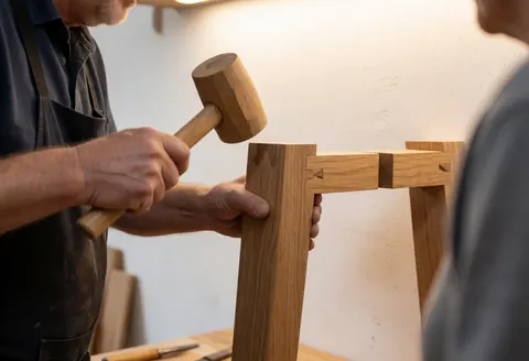 A carpenter's hands using a mallet to secure a tight mortise and tenon joint in a piece of hardwood woodwork