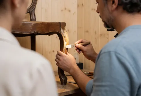 A restorer uses a tool to apply filler to an antique wooden chair in a workshop with warm lighting and wood walls.