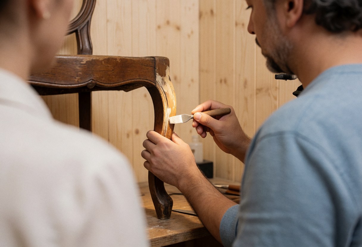 A restorer uses a tool to apply filler to an antique wooden chair in a workshop with warm lighting and wood walls.