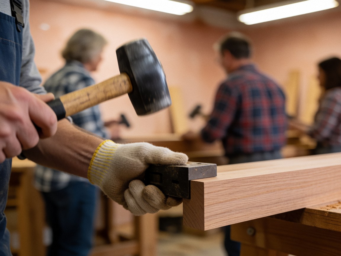 Gloved hand holding a chisel and hammer while working on a piece of wood in a workshop with a blurred background