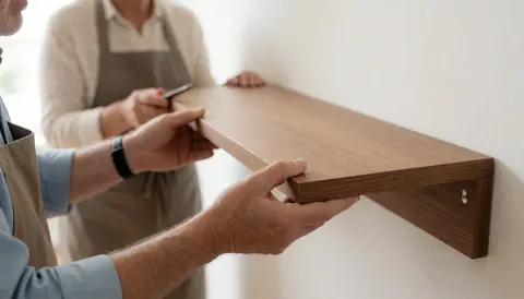 Close-up of hands using a tool to mount a modern wooden shelf on a clean white wall, highlighting craftsmanship and DIY home improvement.