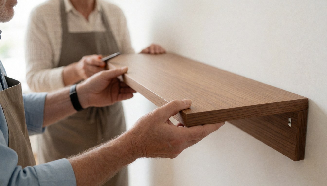 Close-up of hands using a tool to mount a modern wooden shelf on a clean white wall, highlighting craftsmanship and DIY home improvement.