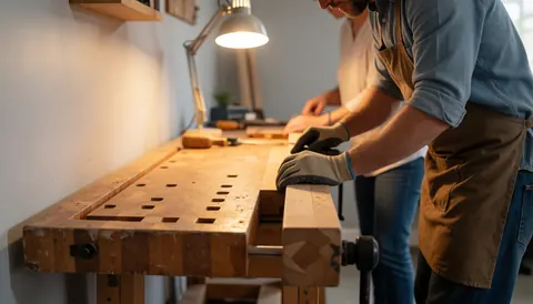 Carpenter wearing gloves works on a wooden table with tools, warm lighting, gray wall, another worker in background