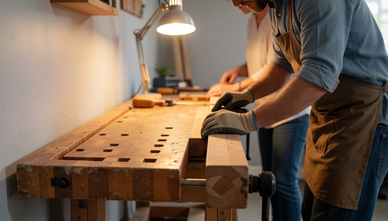 Carpenter wearing gloves works on a wooden table with tools, warm lighting, gray wall, another worker in background