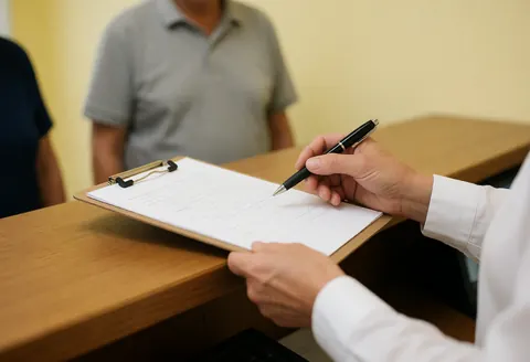 A psychologist signs a document on a wooden desk while blurred clients wait in the background, illustrating a professional therapy consultation.