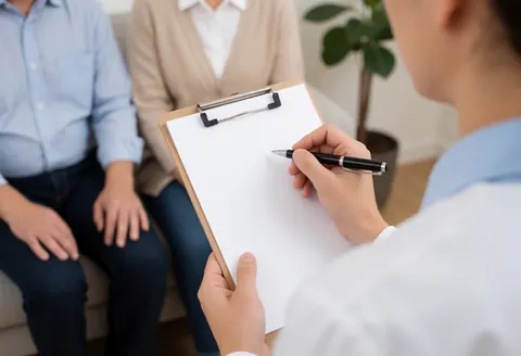 A psychologist writes in a notebook while a client sits on a sofa in a calm office with neutral walls and a plant.