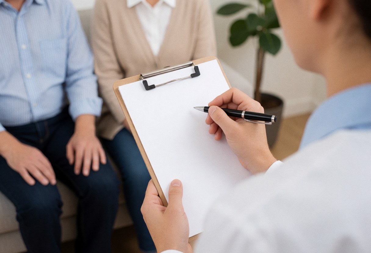 A psychologist writes in a notebook while a client sits on a sofa in a calm office with neutral walls and a plant.