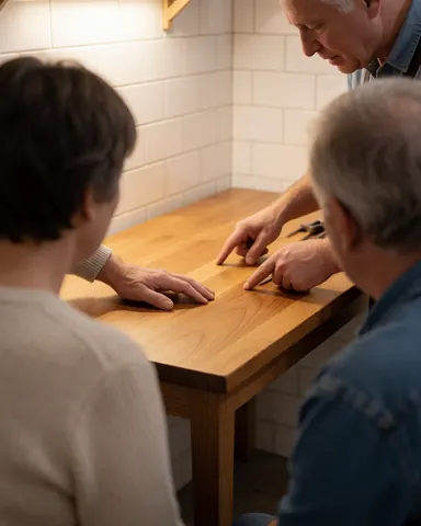 A customer inspects a wooden table alongside a carpenter, with visible hands and tools against a backdrop of white tiled walls in a warm, professional setting.