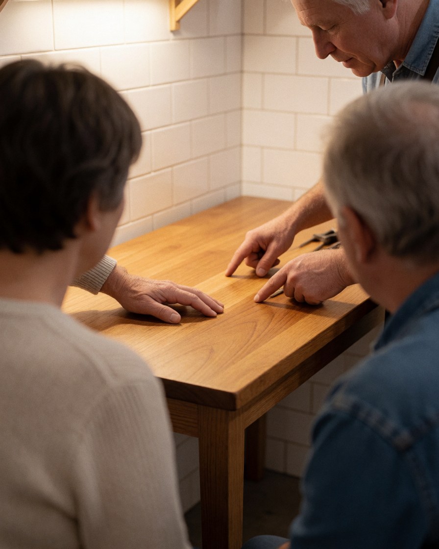 A customer inspects a wooden table alongside a carpenter, with visible hands and tools against a backdrop of white tiled walls in a warm, professional setting.