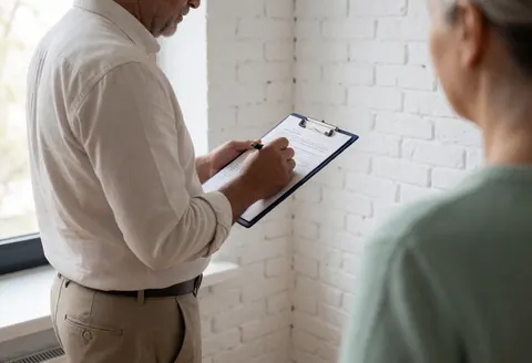 Insurance professional taking notes on a clipboard while inspecting a white brick wall inside a home with natural light from a window