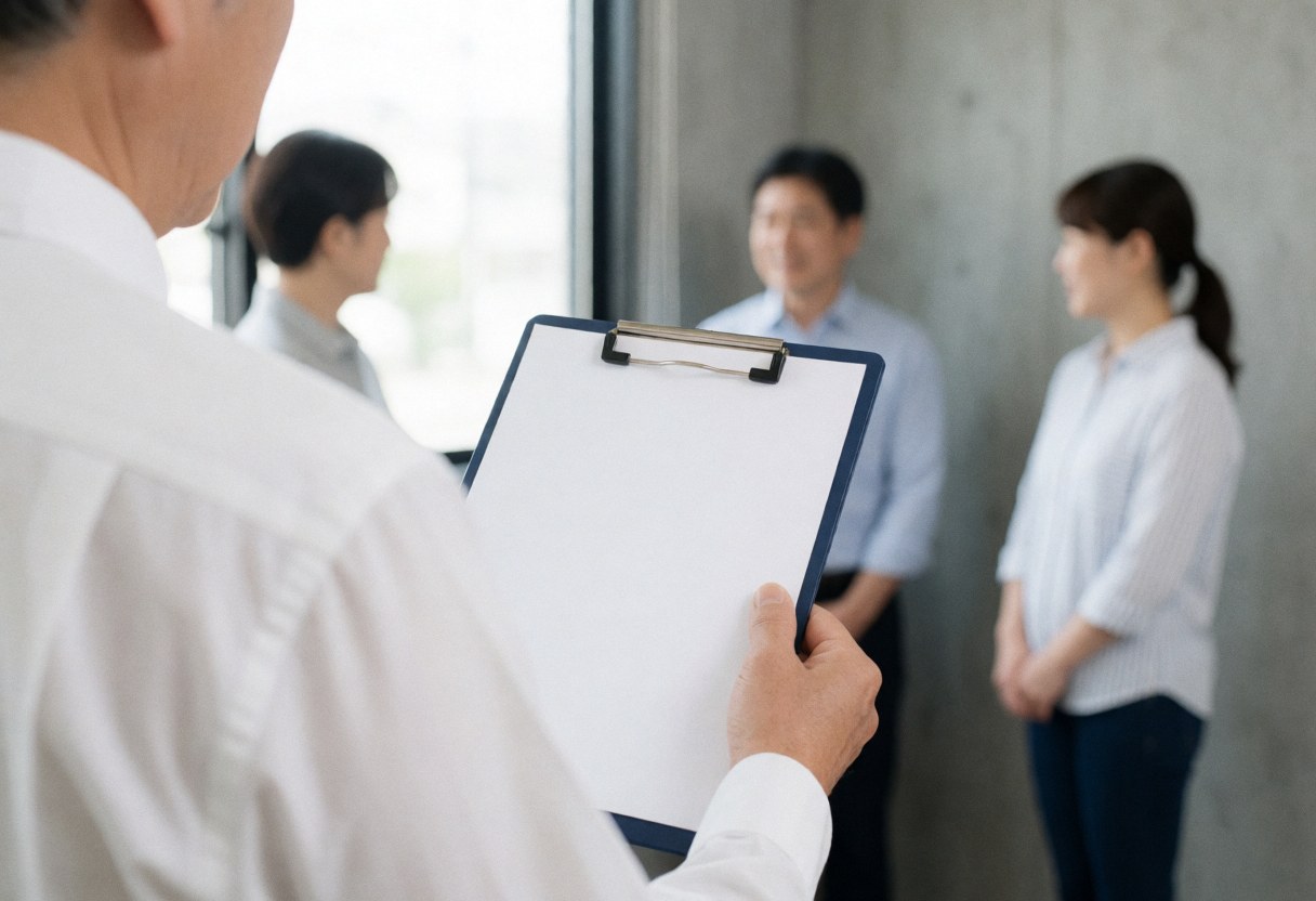 HR professional reviewing clipboard with blank sheets in office with concrete walls and natural light while three people observe in background