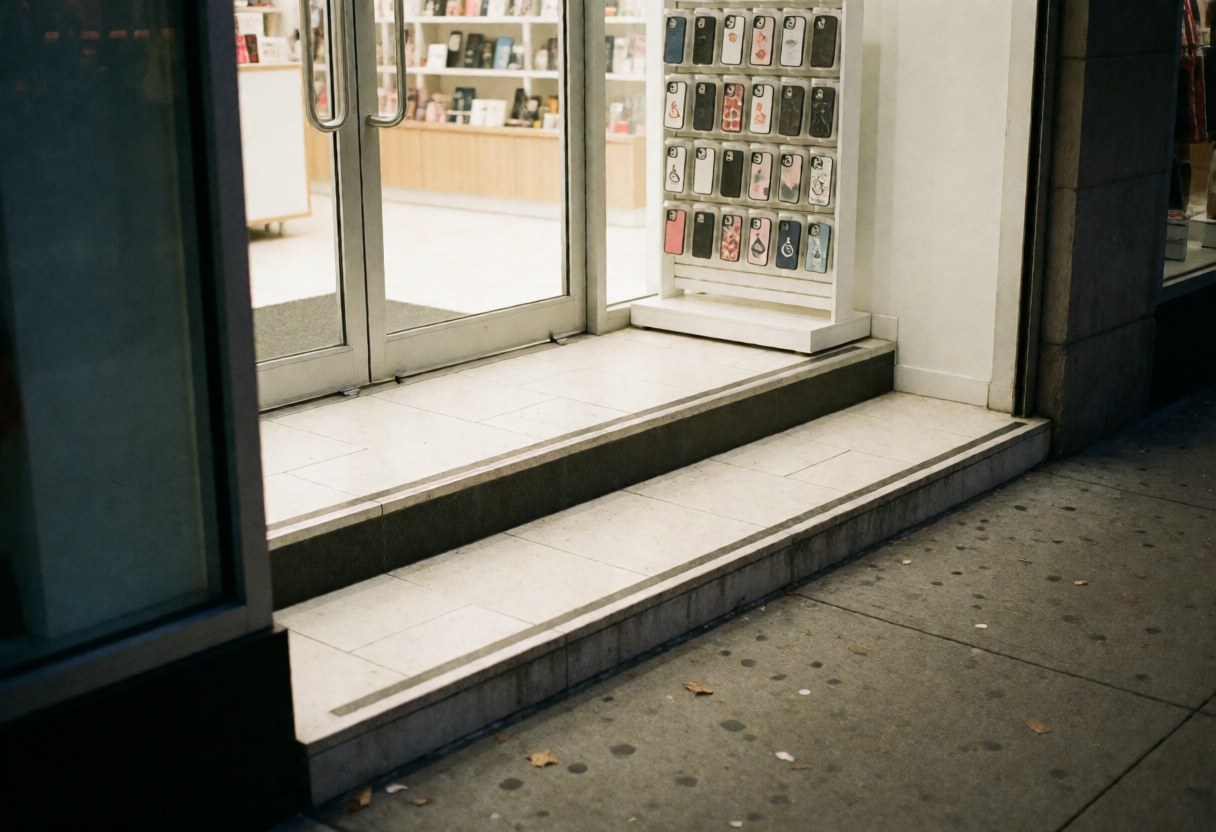 Clean and well-lit accessible storefront entrance featuring a glass door, step, and display cases for electronics and phones, welcoming customers to the business.