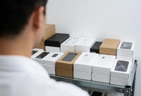 Back view of person looking at organized phone boxes and accessories on a metal shelf against a white wall in a professional setting