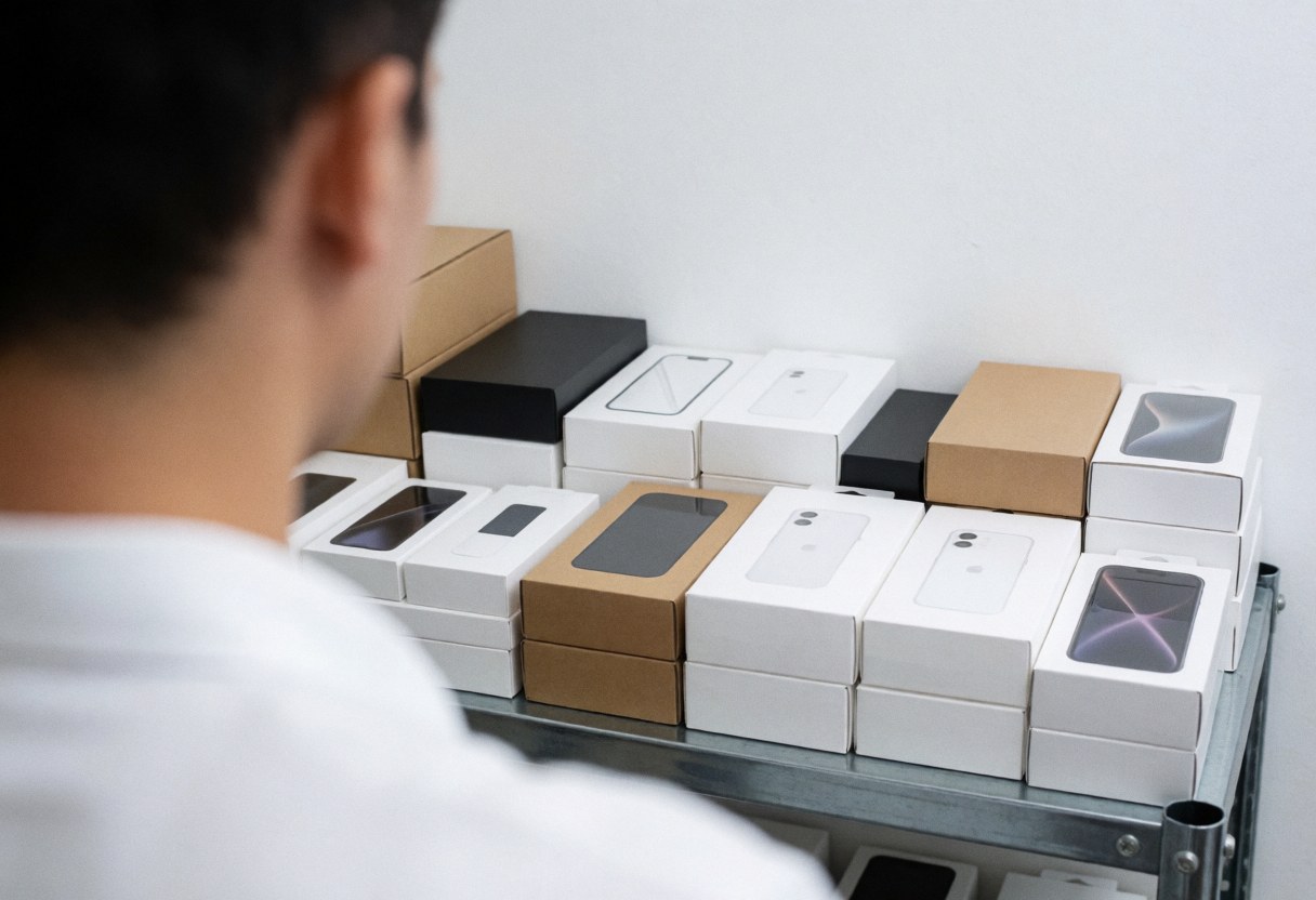 Back view of person looking at organized phone boxes and accessories on a metal shelf against a white wall in a professional setting