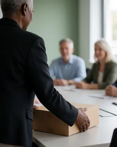 A neatly arranged welcome kit box on a desk, containing office supplies and documents for a new team member, symbolizing onboarding and human resources support.