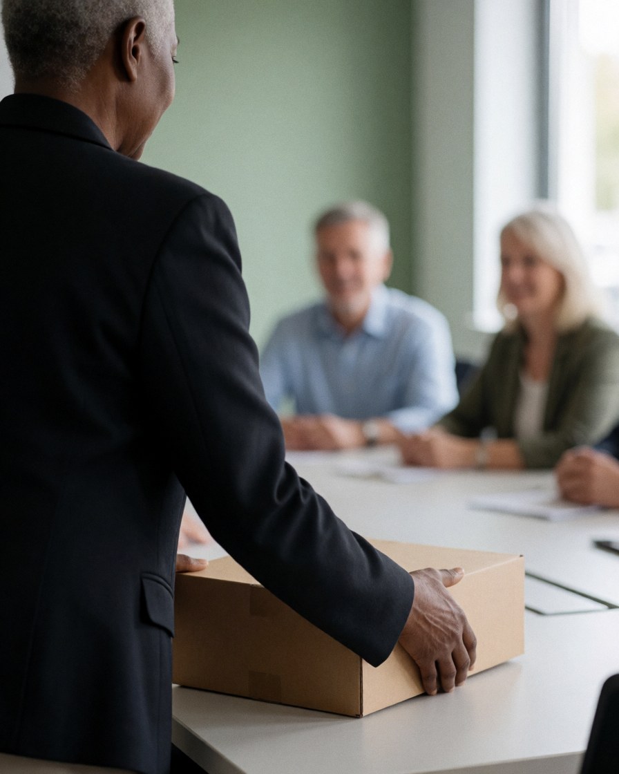 A neatly arranged welcome kit box on a desk, containing office supplies and documents for a new team member, symbolizing onboarding and human resources support.
