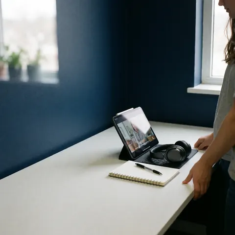 A desk setup for online learning featuring a tablet, headphones, notebook, and pen near a window with a blue wall background