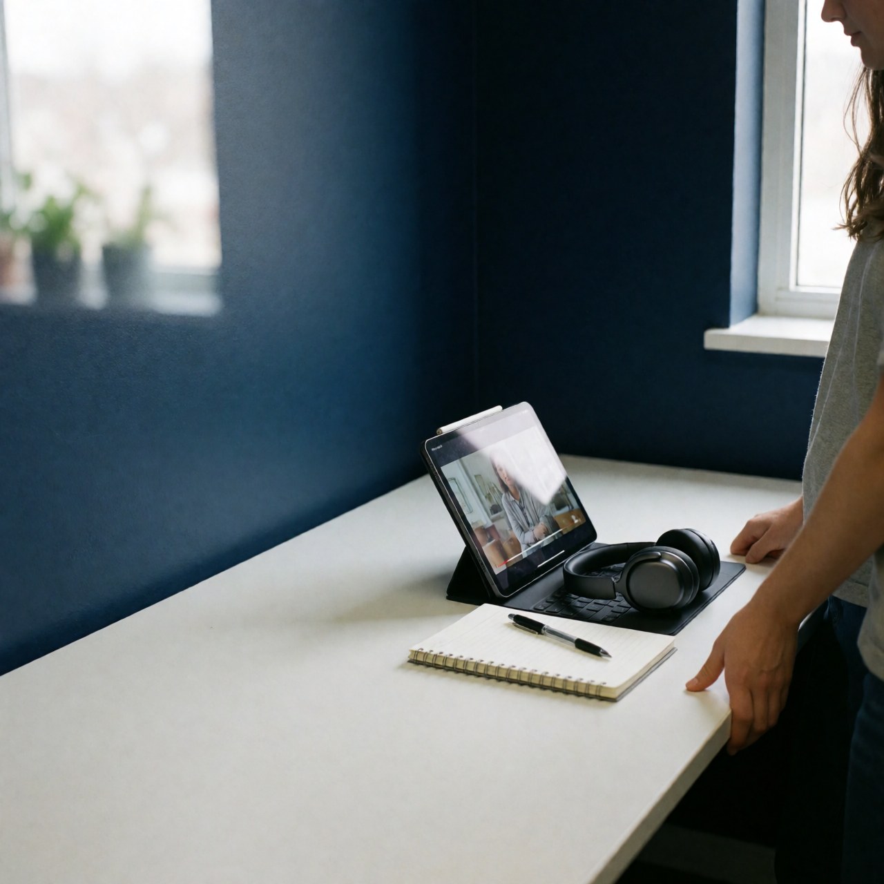 A desk setup for online learning featuring a tablet, headphones, notebook, and pen near a window with a blue wall background