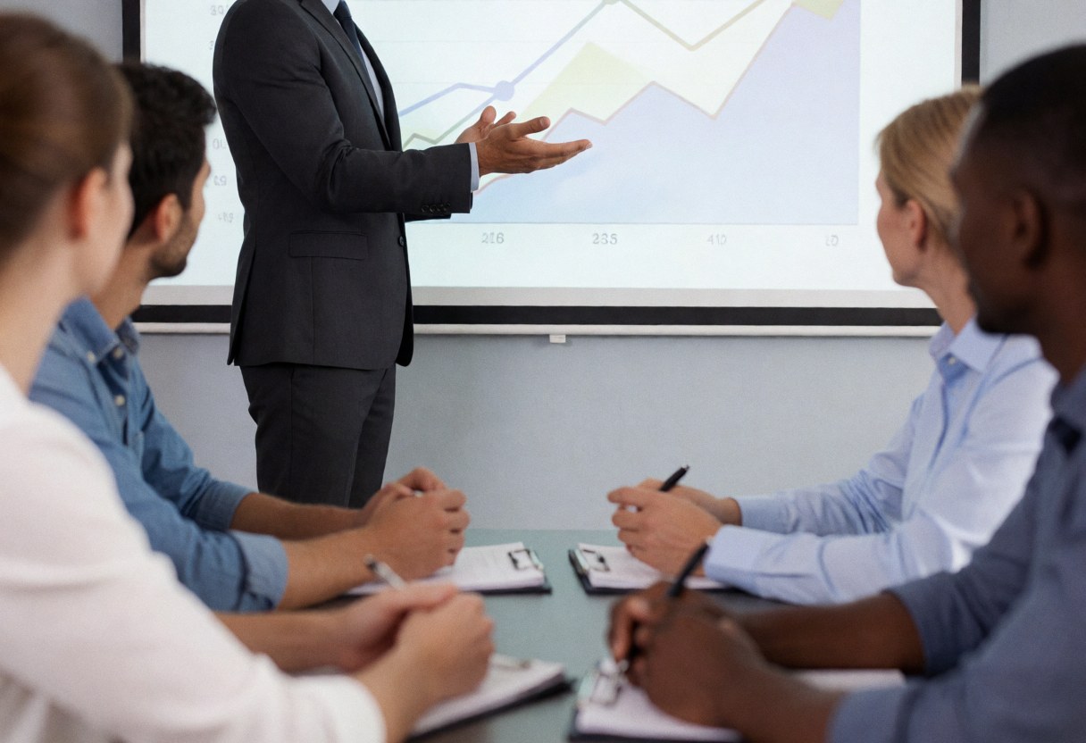 A professional presents growth charts on a screen to an attentive team seated at a table, taking notes with notebooks and pens.