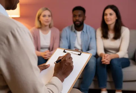 A psychologist writes in a notebook while three clients listen attentively on a sofa in a warm, safe room with dusty rose walls.