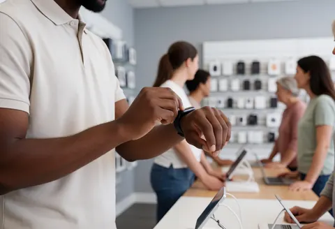 A salesperson adjusts a smartwatch on a display table in a clean electronics store with customers using devices in the background.