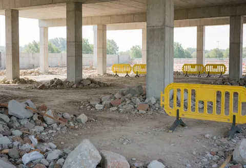 An active construction site featuring concrete pillars, barriers, and piles of rubble on a dirt ground, indicating ongoing civil or private building work.