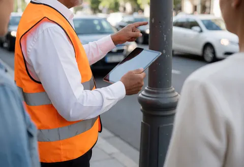 A side view of a worker in an orange safety vest inspecting a street light pole during the day while holding a tablet.