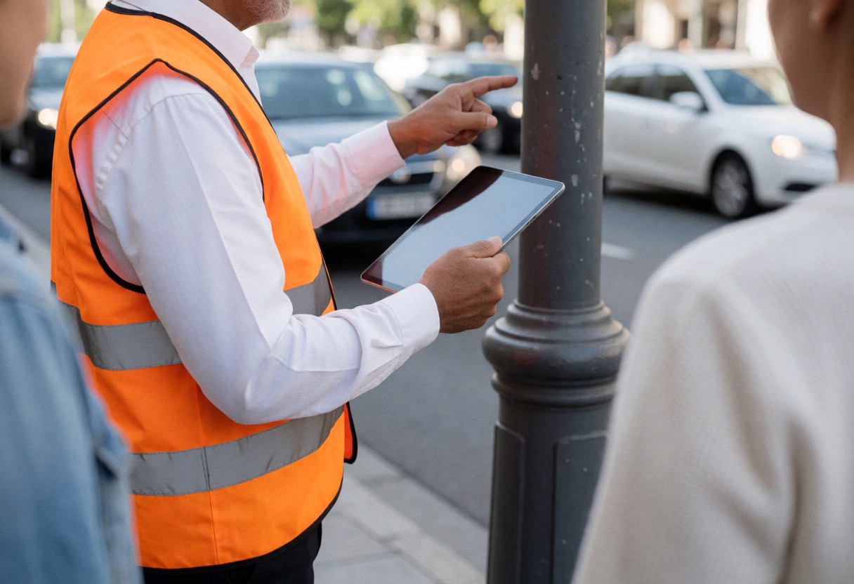 A side view of a worker in an orange safety vest inspecting a street light pole during the day while holding a tablet.