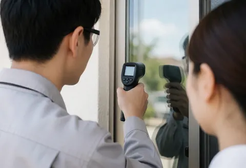 Field inspector uses an infrared thermometer to check window temperature during a daytime service inspection.