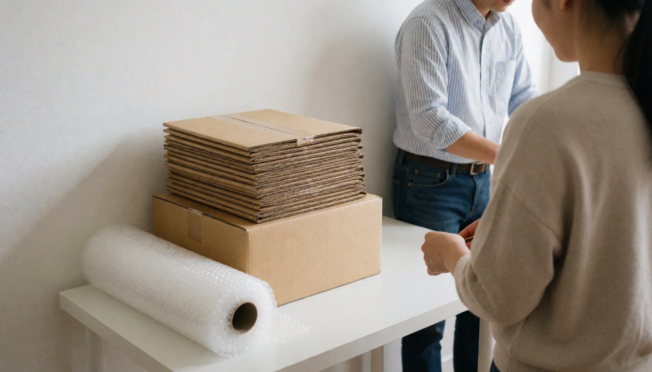 Two people packing products for an online store on a white table with boxes and bubble wrap