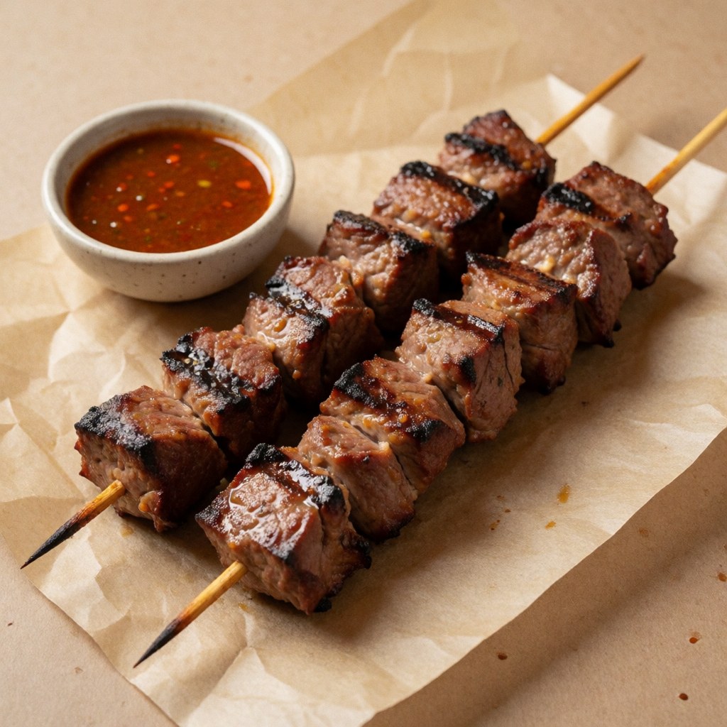 Close-up of grilled beef heart skewers served with spicy sauce on a paper-lined plate, representing authentic Peruvian street food and food truck cuisine.