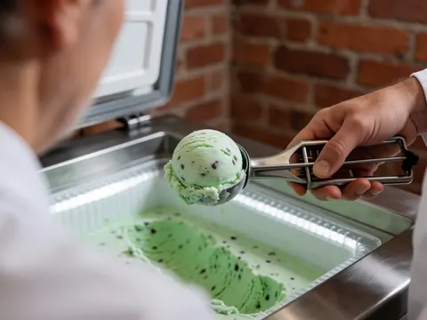 Mint chocolate chip ice cream in a cone being served with a metal spoon from a stainless steel freezer against a red brick wall background